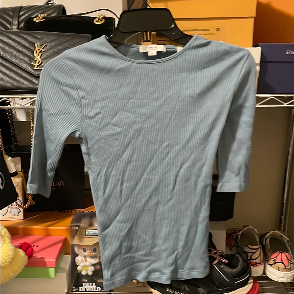 Vince Light Blue Ribbed Short Sleeve Top